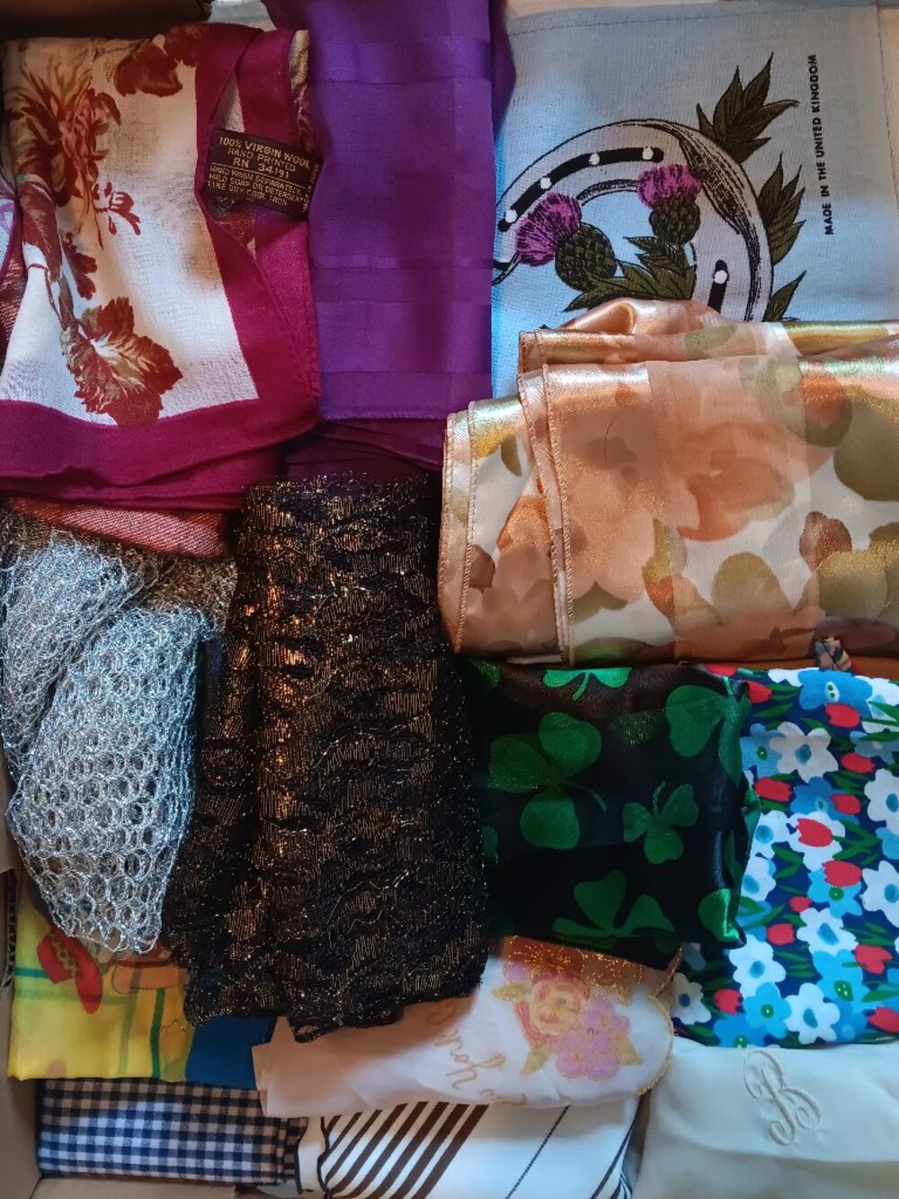 Assortment of Vintage Scarves - Wool, Satin, Cotton, Metallic